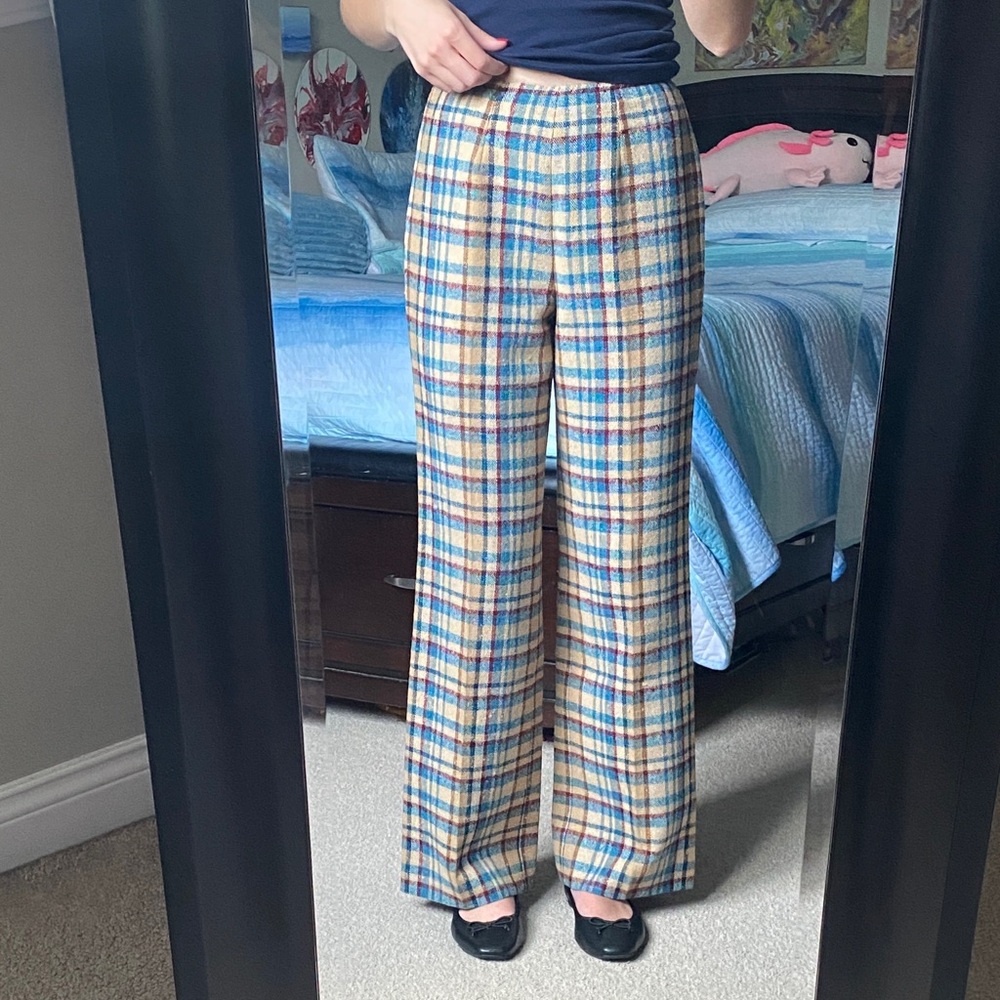 Vintage Pendleton Rare 100% Virgin Wool Checked Wide Leg Pants in Blue & Tan - Picture 3 of 10